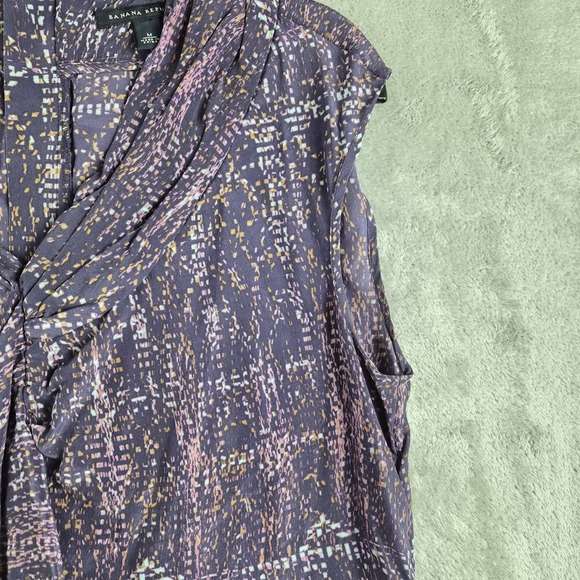Vintage Banana Republic Top Medium Purple Patterned Silk Ruffle Neck Lightweight - Picture 7 of 13